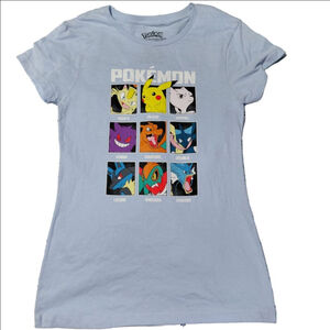 Women's Pokemon T-Shirt Blue Size L featuring Pikachu and Charizard